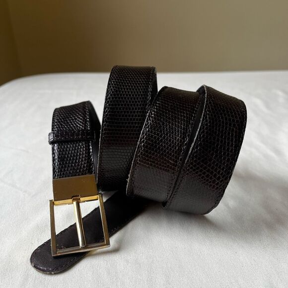 Vintage Barneys New York Dark Brown Lizard Skin Belt Gold Buckle Made in Italy L - Picture 1 of 11